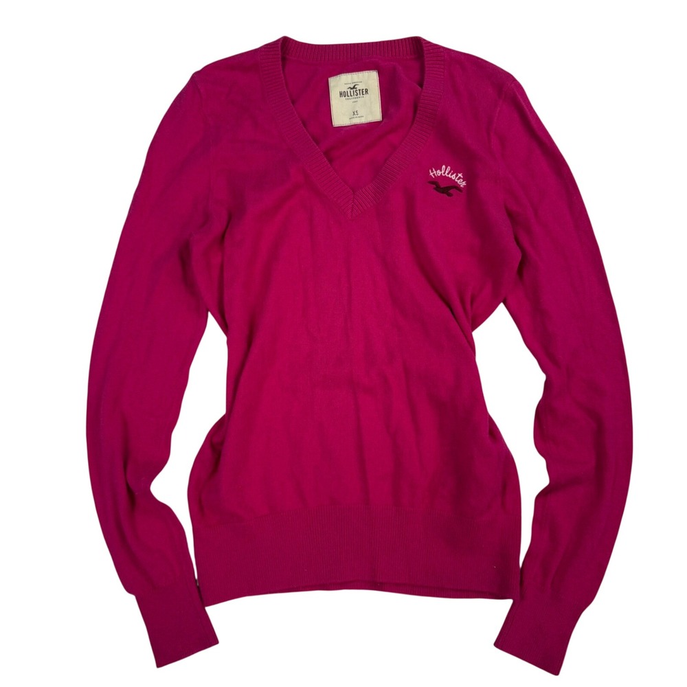 VTG Hollister Y2K Pink V-Neck Sweater Embroidered Logo Long Sleeve XS Heathered